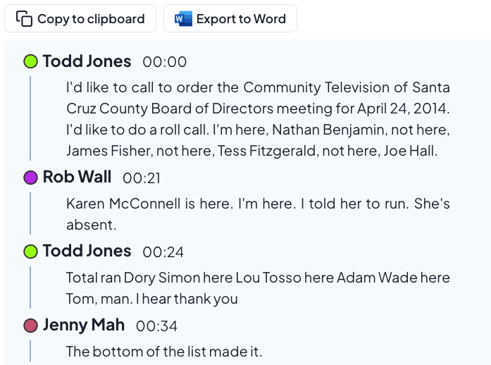 Screenshot of the product's transcript feature