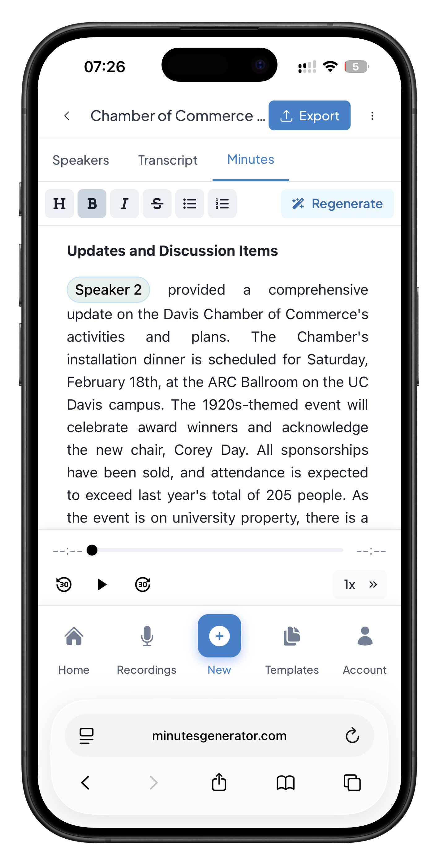 MinutesGenerator Mobile Dashboard
